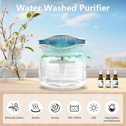 Water Air Purifiers for Home, Air Washer Aroma Diffuser, Air Filter Washer Humidifier, Essential Oils Aroma Fresher With LED Night light for Office, Bedroom，Small Air Cleaner For Smoke and Pets
