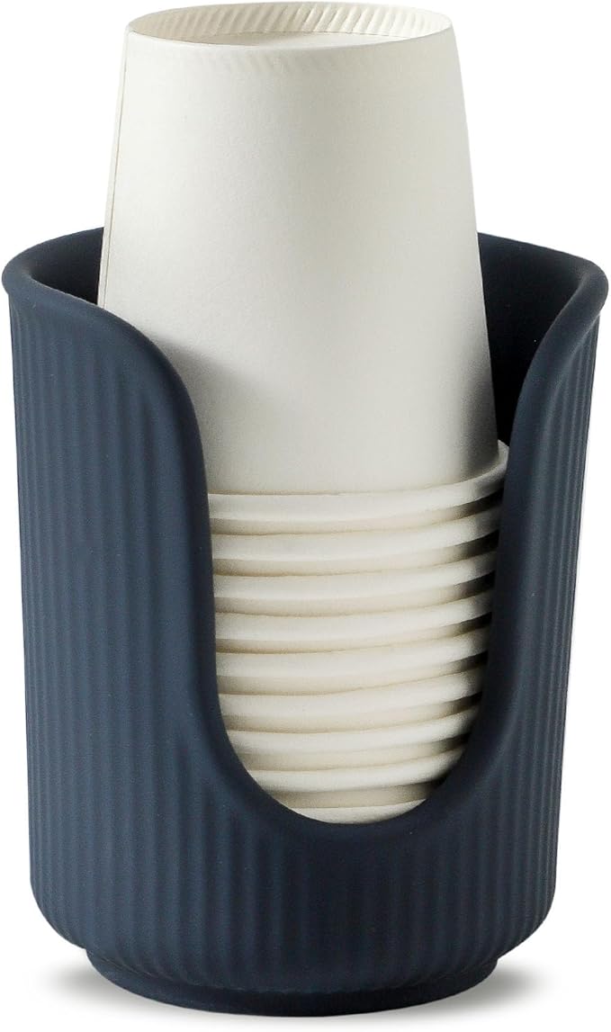 Ceramic Bathroom Cup Dispenser with Stylish Vertical Stripes - Disposable Mouthwash Cup Holder Holds 3-4oz Paper Cups for Rinsing Cups on Bathroom Vanity Countertops (Matte Blue)