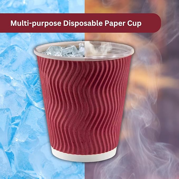 500 Pack 8oz Triple Wall Corrugated Insulated Red Paper Cups for Hot Drinks — Disposable Coffee Cups for Tea, Espresso, Office, Parties, Café or Pantry