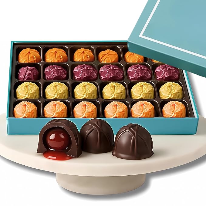 Andy Anand Chocolatier Dark Chocolate Whole Cherry Cordials, Rum, Chardonnay, Vodka & Amaretto Flavors. Individually Wrapped, Flown Fresh from Europe, Unforgettable Chocolate Experience (24 Pcs 12 Oz)