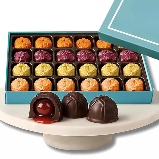 Andy Anand Chocolatier Dark Chocolate Whole Cherry Cordials, Rum, Chardonnay, Vodka & Amaretto Flavors. Individually Wrapped, Flown Fresh from Europe, Unforgettable Chocolate Experience (24 Pcs 12 Oz)