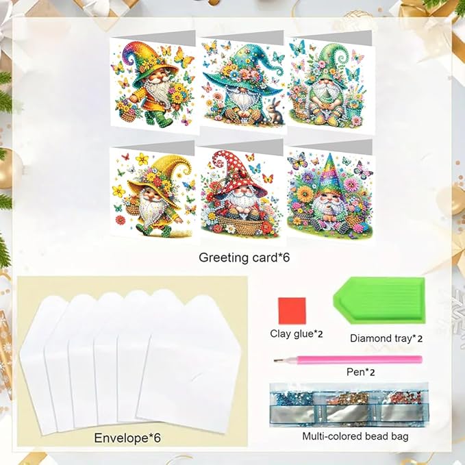 6pcs DIY Gnome Butterfly Diamond Art Painting Greeting Cards Kit, Rhinestone Art Holiday Birthday Card Set with Envelopes, DIY Festival Craft for Girlfriend, Christmas Valentine Gift Making Supplies