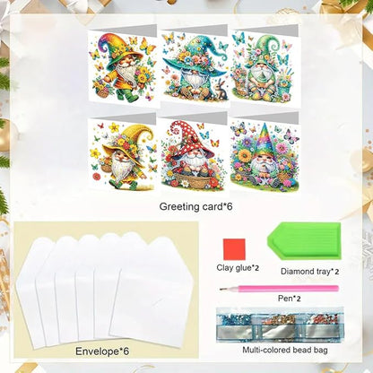 6pcs DIY Gnome Butterfly Diamond Art Painting Greeting Cards Kit, Rhinestone Art Holiday Birthday Card Set with Envelopes, DIY Festival Craft for Girlfriend, Christmas Valentine Gift Making Supplies