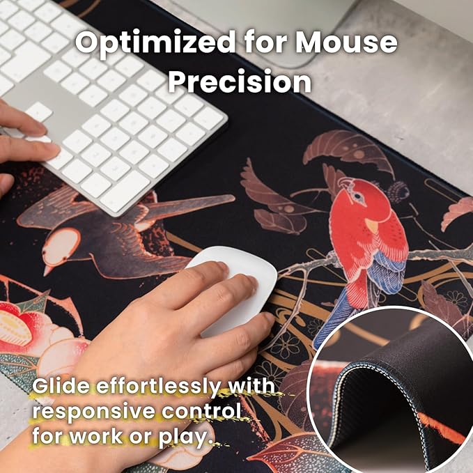 BELLEMOND Japanese Art Desk Mat | Large 31.5x11.8in Desk Pad | Mouse Pad for Keyboard & Mouse | Non-Slip Base, Water-Repellent, Smooth Precision | Crimson Wings Over Fuji
