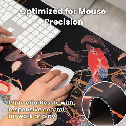 BELLEMOND Japanese Art Desk Mat | Large 31.5x11.8in Desk Pad | Mouse Pad for Keyboard & Mouse | Non-Slip Base, Water-Repellent, Smooth Precision | Crimson Wings Over Fuji