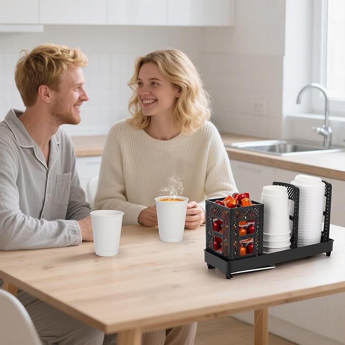 Coffee Cup Dispenser with Straws Holder, Plastic Coffee Cup and Lid Holder, 5-20oz Disposable Paper Cups Organizer for Countertop, Station, Bar, Office, Restaurant, Breakroom(3 Compartments)