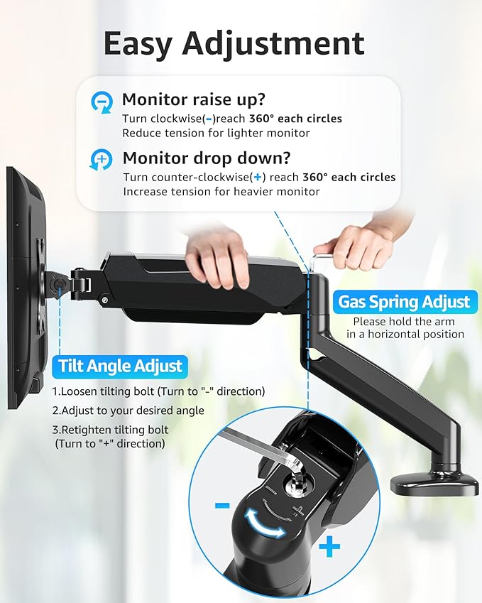 MOUNTUP Single Monitor Desk Mount Holds Screen up to 32 inch, Adjustable Gas Spring Monitor Arm, Computer Monitors Stand with Clamp/Grommet Mounting Base, VESA Mounts Fit 4.4-17.6lbs Computer, Black