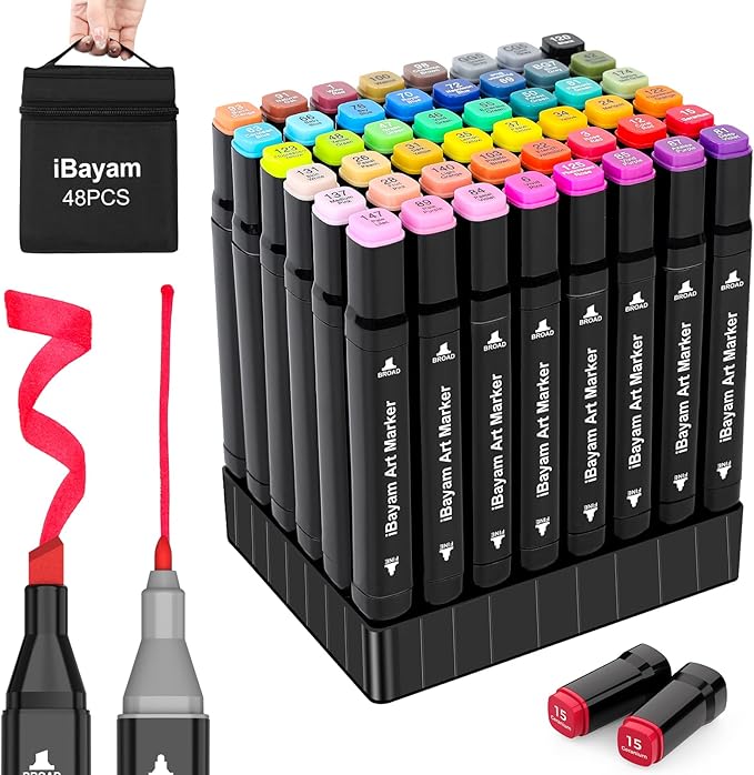 iBayam Alcohol Markers 48 Colors with Case & Holder, Dual Tips Chisel & Fine Art Markers for Adult Coloring Kids Drawing