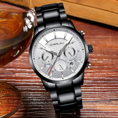 CRRJU Men's Business Casual Chronograph Quartz Waterproof Wristwatch Black Leather Strap