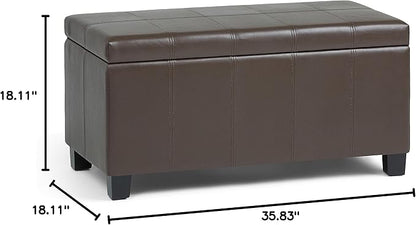 SIMPLIHOME Dover 36 inch Wide Contemporary Rectangle Storage Ottoman Bench in Chocolate Brown Vegan Faux Leather, Assembled, For the Living Room, Entryway and Family Room