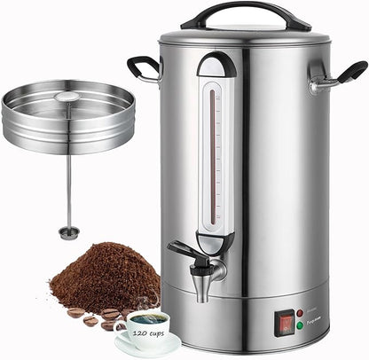 Commercial Coffee Urn | 120 Cup Large Coffee Maker | 20L Stainless Steel Commercial Coffee Machine Quick Brew 1300W | Hot Coffee Warmer Dispenser Double Wall Percolator for Catering, Offices, Church