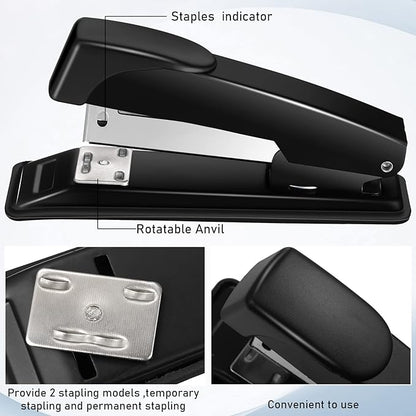 Thenshop 12 Pcs Desk Staplers Tape Dispensers Sets Black Staplers for Desktop Office with Standard Staples Black Holder with White Tape for Office School