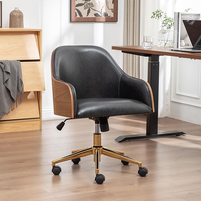 Genuine Leather Office Desk Chair, Adjustable Height Small Modern Comfortable Walnut Vanity Chair, Gold Legs Mid Back 360 Swivel for Home Office, Bedroom, Study, Meeting Room(Vintage Black)