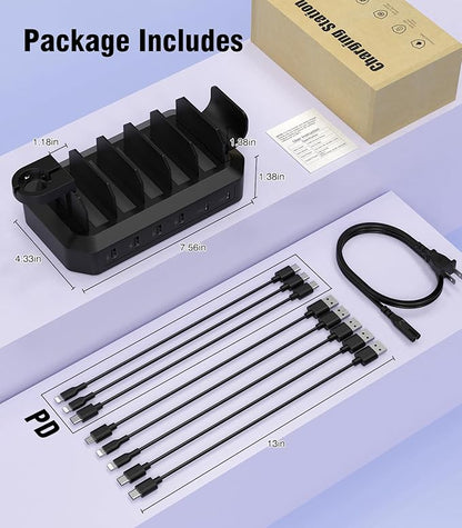 95W Fast Charging Station for Multiple Devices【Patent & Safety Certs】 6-Port USB Charging Dock with 2 PD Ports Compatible with Cellphones/iPad/MacBook/Kindle/Tablets (8 Mix Cables & 2 Stands Included)