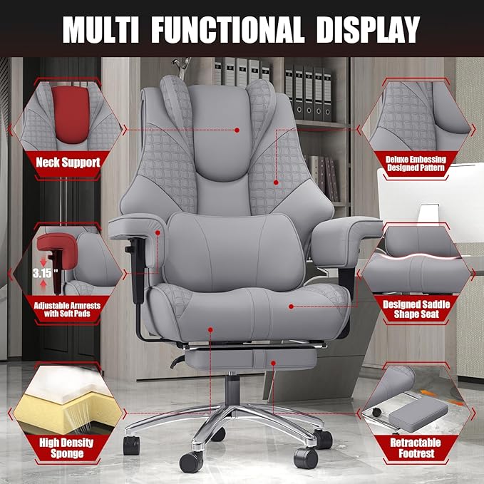 600LBS Big and Tall Office Chair, Oversized Leather Executive Chair with Foot Rest, Wide Ergonomic High-Back Reclining Computer Desk Chair for Heavy People with Lumbar Support and Rolling Wheels