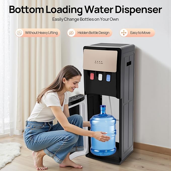 Bottom Loading Water Cooler Dispenser for 5 Gallon Bottles - 3 Temperatures with Hot, Room & Cold Spouts,Overload Protection, Dry Burning Protection,Water Dispenser for Home,Office (Champagne Gold)