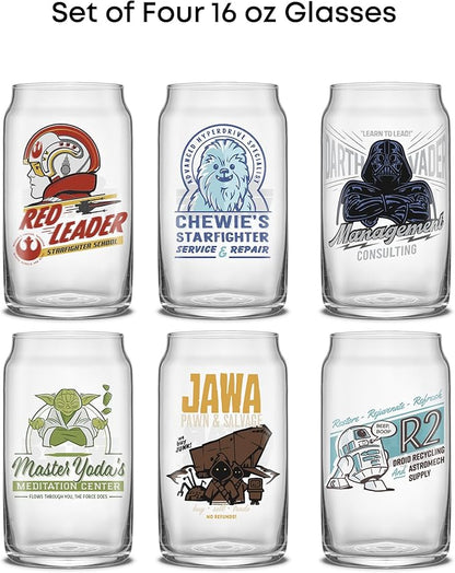 JoyJolt Star Wars Retro Vintage Collection 16.9oz Glass Tumblers - Featuring Darth Vader, R2D2, Yoda, Chewbacca, Red Leader, Jawa - Original Trilogy Drinkware, Set of 6 with Glass Straws