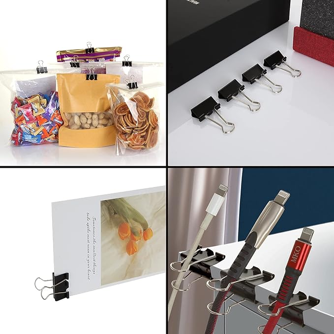 144 Pcs Binder Clips 1 Inch, Black Medium Paper Clamps for Office Supplies, Wide Metallic Binder Clips, Large Document Clamp, File Clips