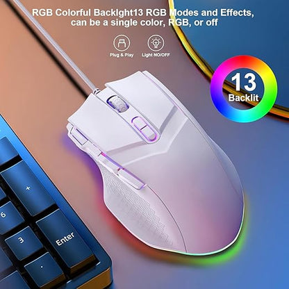 LEWENTECH Gaming Mouse 6 Adjustable DPI Up to 7200 Wired PC Gaming Mouse 8 Programmable Buttons 13 Adjustable RGB LED Modes 1.5 M Drag-Free Paracord Ergonomic Mouse Windows/PC/Mac/Laptop (White)