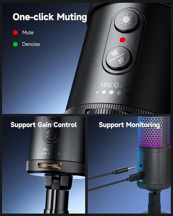 COMICA Ejoy UNI S USB Gaming Microphone for PC, RGB Cardioid Condenser Mic with Tripod Stand, 48kHz/24bit, Noise Cancellation, Streaming Mic for Recording, Podcast, Twitch, Discord, Computer, PS5, PS4