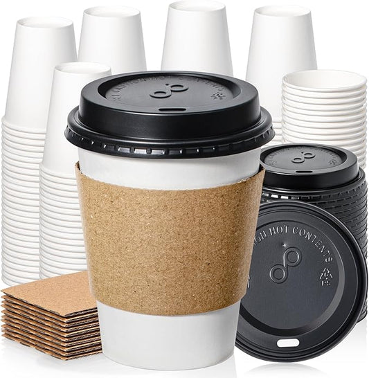 Fit Meal Prep 100 Pack 8 oz Disposable Coffee Cups with Lids, Sleeves, Leak-Proof To Go Coffee Cups with Lids, Durable Paper Cups for Hot Beverage, Home, Office, Party