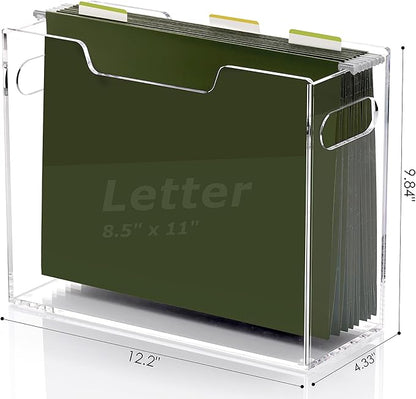 DINGHUO Hanging File Box, Letter Size Acrylic Hanging File Organizer, Clear Portable File Storage Box with Handle, File Folder Holder for Desk Home Office School -1 Pack