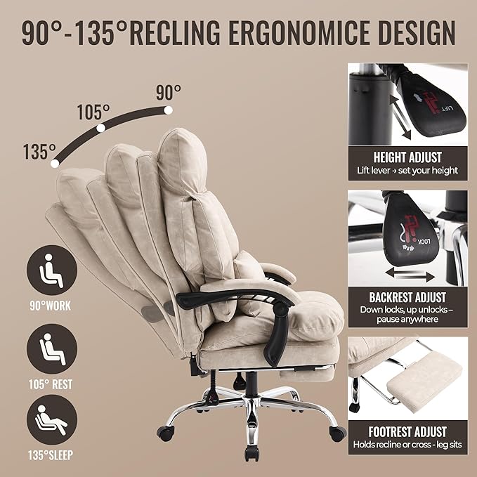 Office Chair with Footrest 500lbs,Reclining Leather Computer Chair for Heavy People, Big and Tall Comfy Executive Desk Chair with Lumbar Support & Pillow Black,High Back Vintage Color