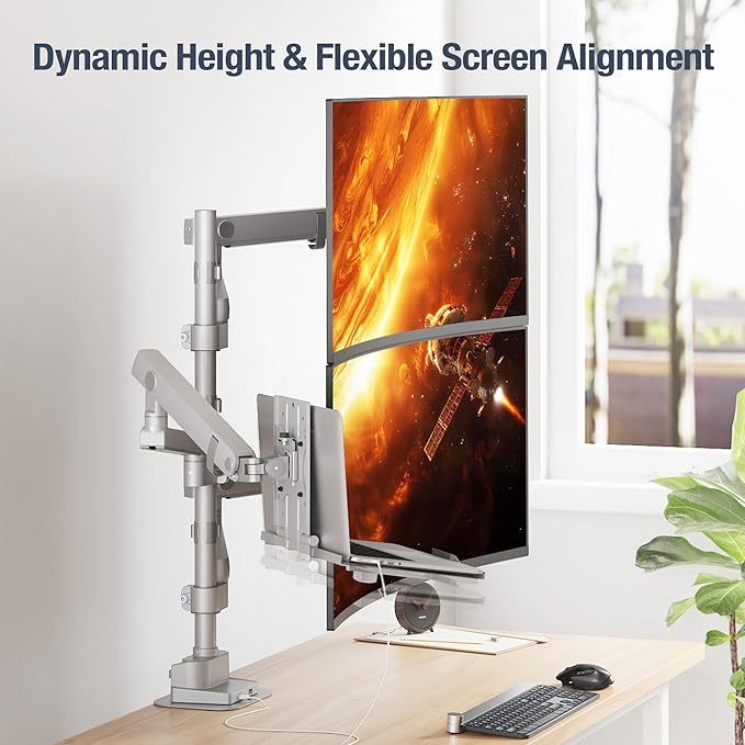 AVLT Laptop & Dual 40 Inch Stacking Monitor Arm Pole Top Mount with USB-C USB-A Ports-Gray, Supports 26.4 lbs (12kg), Ultrawide Screen Fit, VESA Compatible, Multi-Screen, Ergonomic Workspace Upgrade