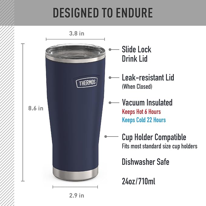 THERMOS ICON SERIES, Stainless Steel Tumbler with Slide Lock, 24 Ounce, Mystic Navy