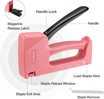 HAUSHOF Light Duty Staple Gun, Upholstery Staple Gun with 800PCS JT21 Staples and Stapler Remover, Fits JT21 Staple of 1/4'', 5/16'' & 3/8'', Used for Wood, Classroom, Crafts, DIY, Decoration (Pink)