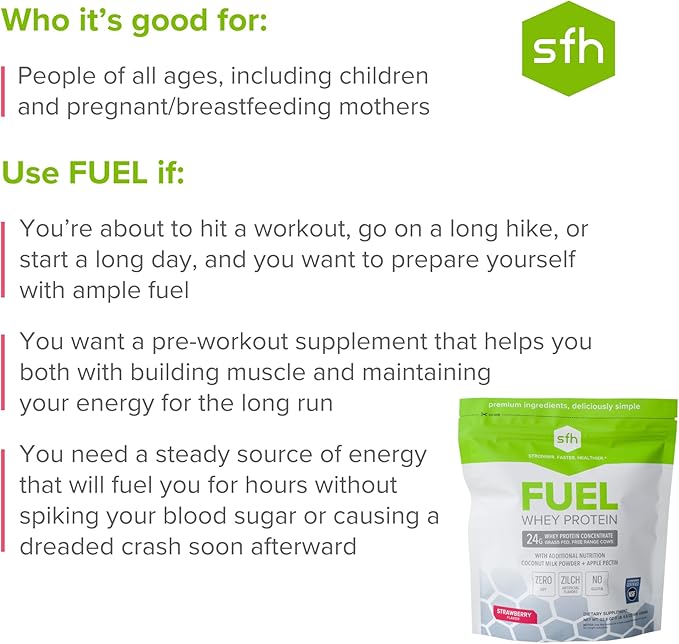 SFH Fuel Whey Protein Powder Great Tasting Grass Fed Whey | MCTs & Fiber for Energy | All Natural | Soy Free, Gluten Free, No RBST, No Artificial Flavors (Strawberry (1.6lb Bag))
