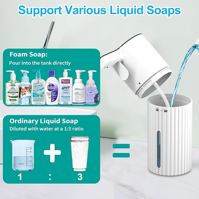 HOMELYLIFE Automatic Foam Soap Dispenser, 13.53oz/400ml Soap Dispenser Need AA*2 (Don't Include) with Long Press for Foam Output Continuously, Hand Soap Dispenser for Bathroom, Kitchen, Office, Home