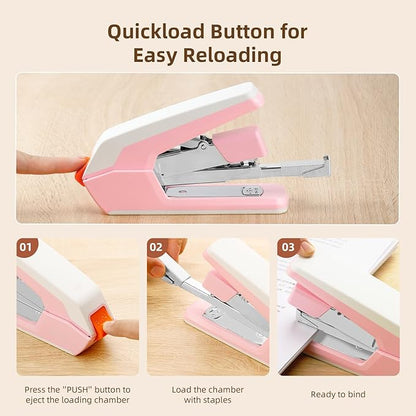 Deli Effortless Desktop Stapler, Heavy Duty Stapler, 40-50 Sheet Capacity, One Finger, No Effort, Includes 1500 Staples & Staple Remover, Pink