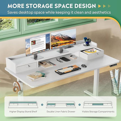 DEVAISE 55×28 Inch Electric Standing Desk with Drawers, Computer Desk with 3 Adjustable Height, Storage Shelf and Built-in USB Outlet, Memory Preset, Sit to Stand Desk for Home Office, White