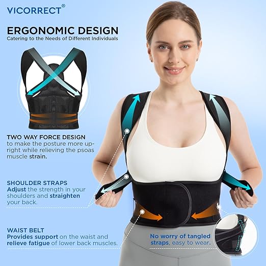 Vicorrect Posture Corrector for Women and Men: Back Support Brace Relieve Upper Back Shoulders Pain (Black, Small)