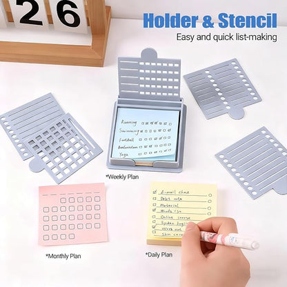 Sticky Note Stencil and Holder, 3x3 Inch Stick List Organizer, Post It Dispenser for Room and Office Desk Organizer, with Five Different Stencil (Grey)