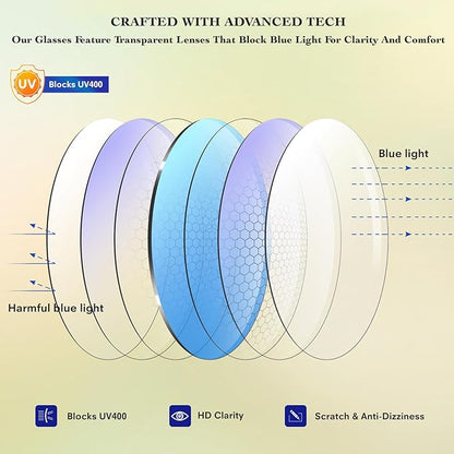 Blue Light Glasses for Woman Men | 99% Blue Light Blocking Glasses for Computer Gaming TV Phone Screen Square Frame | Anti Eyestrain & UV Glare Protection - 2 Pair