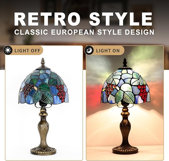 Stained Glass Lamp, Grape Style Table Lamp, 8 Inch Small Antique Lamp, for Bedside Nightstand Bedroom Living Room Home Office