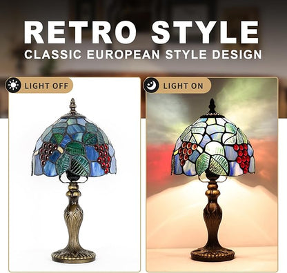 Stained Glass Lamp, Grape Style Table Lamp, 8 Inch Small Antique Lamp, for Bedside Nightstand Bedroom Living Room Home Office