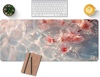 Large Computer Mouse Pad with Non-Slip Base for Desktop, Cute Gaming Mouse Mat with Stitched Edges, Long Extended Anime Mousepad for Laptop, 31.5 x 11.8 inches (Pink Cherry Blossoms)