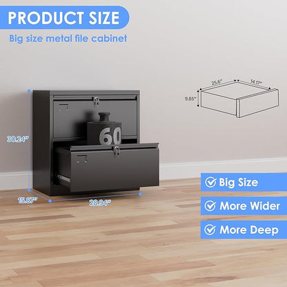 SUXXAN Metal 2 Drawer Lateral File Cabinet, Wide Filing Cabinet with Lock for Letter/Legal/F4/A4 Hanging Files - Includes Business Card Holder,Home Office School Storage,Black