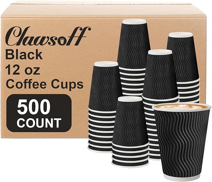 500 Pack 12oz Disposable Coffee Cups,Insulated Ripple Wall Paper Coffee Cups Bulk 12ounce,Hot & Cold Beverage Cup for Party,Home,Office,Cafe,Travel(Black)