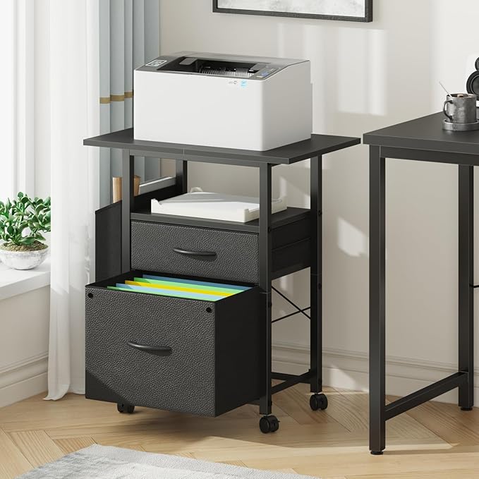 GYIIYUO 2 Drawer File Cabinet with 24'' Extended Desktop, Mobile Filing Cabinet, Rolling File Cabinet with Side Bag, Fabric Drawer, Fits A4 Size, Home Office, Black