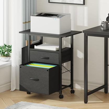 GYIIYUO 2 Drawer File Cabinet with 24'' Extended Desktop, Mobile Filing Cabinet, Rolling File Cabinet with Side Bag, Fabric Drawer, Fits A4 Size, Home Office, Black