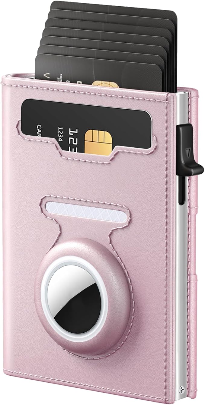 RFID Wallet for Women with AirTag Holder - Slim Small Trifold Wallets Anti-Theft Pop up Card Holder for Air Tag, Front Pocket, Minimalist, Premium Leather, Ultra Thin, ID Window, Cash Slot