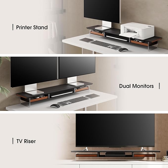 Fenge Acrylic Monitor Stand, 2 Tier Dual Monitor Riser with Solid Wood Drawers, 42.5 Inch Computer Stand for Two 27 Inch Monitors, Desk Shelf for PC, Laptop, Printer, TV, Black