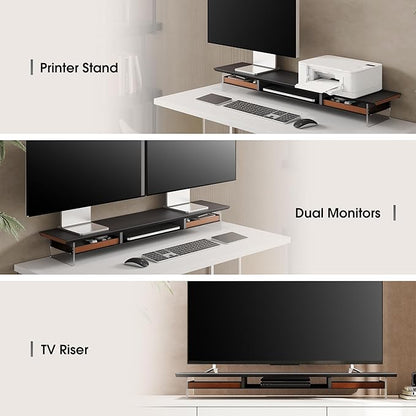 Fenge Acrylic Monitor Stand, 2 Tier Dual Monitor Riser with Solid Wood Drawers, 42.5 Inch Computer Stand for Two 27 Inch Monitors, Desk Shelf for PC, Laptop, Printer, TV, Black