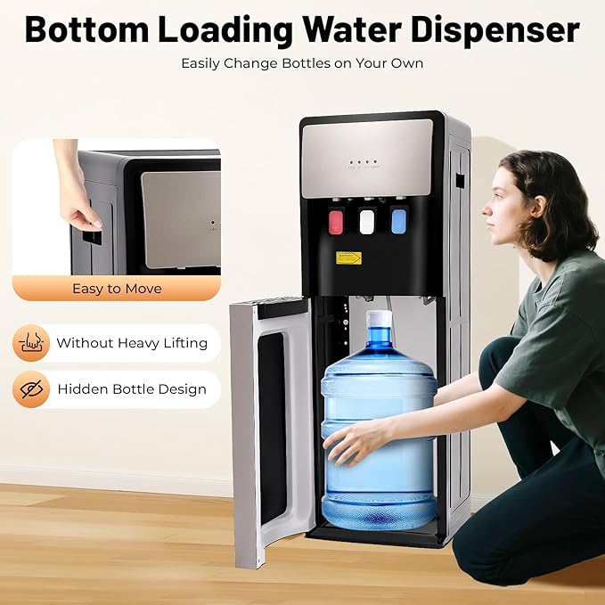 Bottom Loading Water Cooler Dispenser for 5 Gallon Bottles - 3 Temperatures with Hot, Room & Cold Spouts,Overload Protection, Dry Burning Protection,Water Dispenser for Home,Office (Silver Grey)