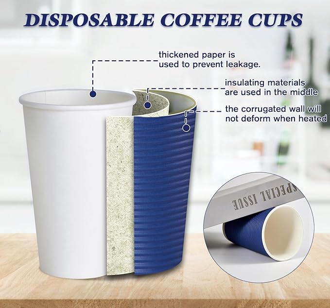 LITOPAK 80 Pack Insulated Ripple Wall 16 oz Disposable Paper Cups, Three Layer Insulated Hot Paper Coffee Cups with Lid and Straws for Parties, Picnics, and Travel