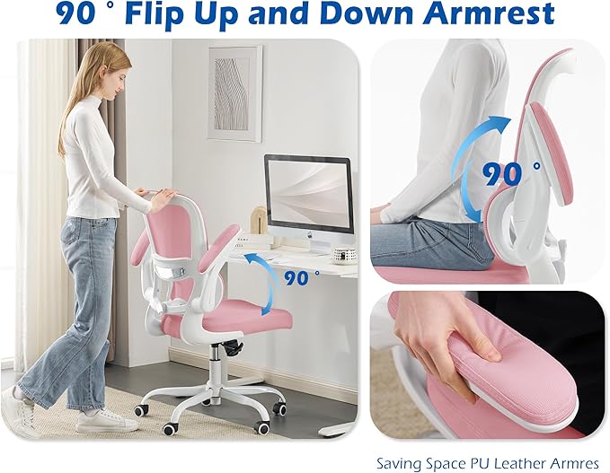 TRALT Ergonomic Office Chair - Desk Chair with Adjustable Lumbar Support Computer Chair - Mesh Comfy Chair with Flip-up Armrests - Gaming Chairs for Adults Home Office (Leather, Pink)